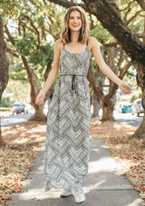 Tribal Black & White Print Strappy Belted Maxi Dress