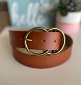 Brown Leatherette Popular Jean Belt w/Brass Double Circle Buckle