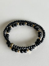 Handmade Set of 2 Beaded Bracelets - Sparkly Black Beads w/Brass Ball & Black & Gold Beaded Bracelet