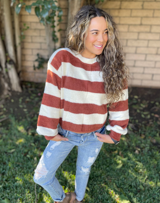 Fuzzy Chenille Rust & Ivory Stripe Sweater