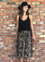 Pleated Leopard Print Midi Skirt With Comfortable Black Elastic Waist Band