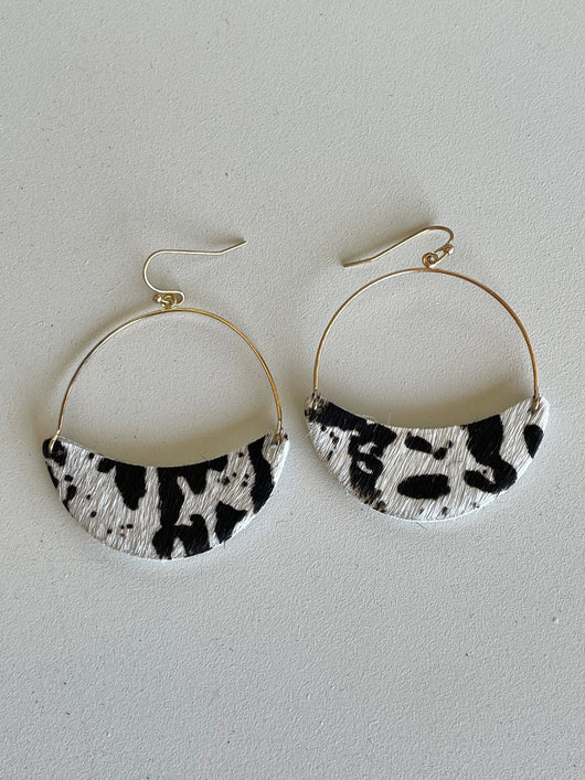 Cow Print Gold Circle Fishhook Earrings