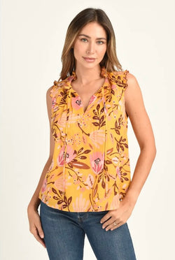 Sunny Yellow Flower Print Linen Sleeveless Top w/Ruffle Neck Detail and Tassels