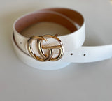 White Faux Leather “GO” Belt with Gold Buckle