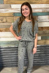 Star Print Heather Grey Joggers w/Drawstring Waist
