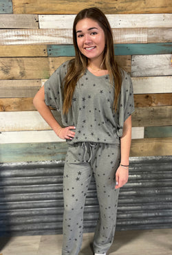 Star Print Heather Grey Joggers w/Drawstring Waist
