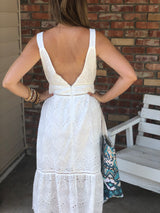 White Eyelet V-Neck and V-Back Summer Dress with Trim Ruffled Hem and Lined
