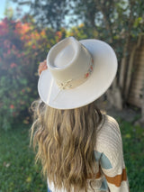 Ivory Wide Brim Fedora Hat w/Boho Colorful Band and Adjustability