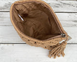 Brown Crochet Boho Clutch Bag w/Tassel Zipper & Inner Pocket