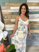 Aqua Blue Leaf Print Front Chest Tie Spaghetti Strap Maxi Dress