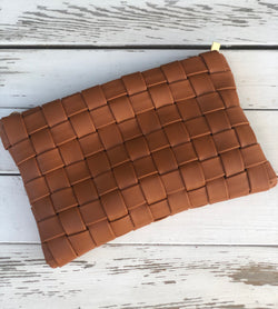 Camel Basket Weave Crossbody/Clutch Purse with Wristlet Strap or Long Shoulder Strap