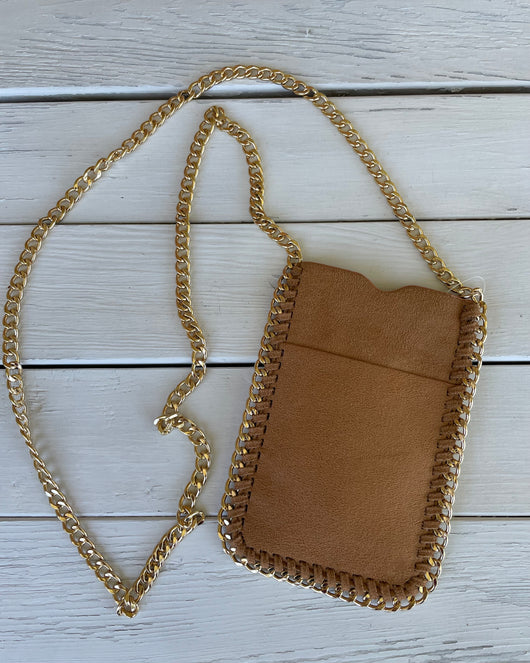 Camel Soft Faux Suede Crossbody Purse with Outside Pocket & Gold Chain