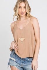 Brown Pre-Washed Challis V-Neck Double Layered Cami Top - Made in USA