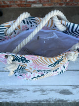 Palm Leaf Pink & Teal Zipper Tote Bag with Rope Straps