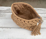 Brown Crochet Boho Clutch Bag w/Tassel Zipper & Inner Pocket