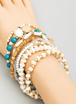 Natural & Teal Multi Bead and Coin Set of 9 Stretch Beaded Bracelets
