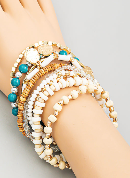 Natural & Teal Multi Bead and Coin Set of 9 Stretch Beaded Bracelets