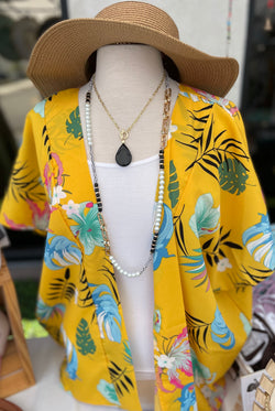 Island Flower Print Yellow OS Kimono Top