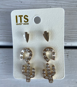 Western Gold Post Earring Set with Arrow, Horseshoe and Cactus