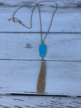 Long Gold Necklace With Turquoise Stone and Tassels