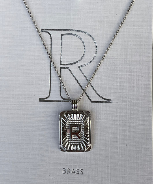 Silver Initial R Rectangle Necklace