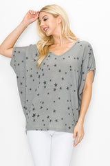 Star Print Heather Grey Short Sleeve V-Neck Top