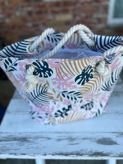 Palm Leaf Pink & Teal Zipper Tote Bag with Rope Straps
