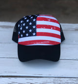 American Flag Stars & Stripes Trucker Hat with Black Brim & Mesh