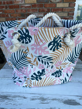 Palm Leaf Pink & Teal Zipper Tote Bag with Rope Straps