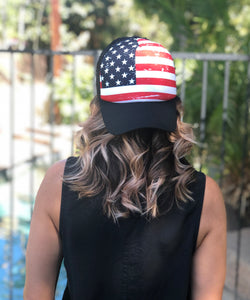 American Flag Stars & Stripes Trucker Hat with Black Brim & Mesh