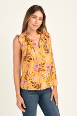 Sunny Yellow Flower Print Linen Sleeveless Top w/Ruffle Neck Detail and Tassels