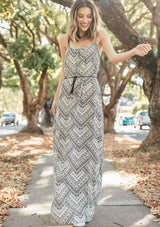 Tribal Black & White Print Strappy Belted Maxi Dress