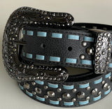 Genuine Leather Black & Teal w/Stones and Antique Buckle Belt Size M/L